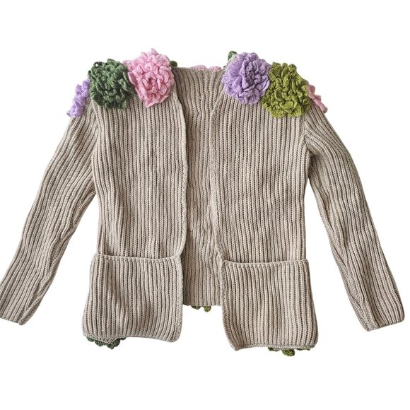 Handmade Beige Open-Front Knit Cardigan Upcycled With Floral Crochet Accents - Picture 1 of 14